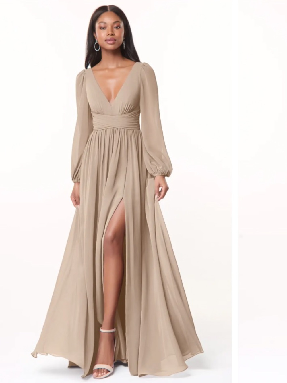 Azazie Long Sleeve Maxi Dress in Rusty Brown taupe